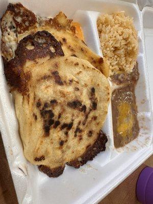 Couple pupusas, arroz y frijoles.  $10.  Comes with a dime sack of cabbage stuff (curtido?) and salsa if desired.