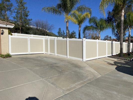 2 tone 70" privacy vinyl with double gates and pedestrian gates