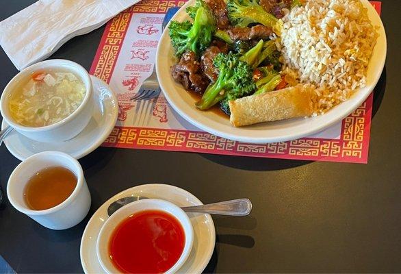 Egg Drop Soup with Beef with Broccoli with House Fried Rice and spring roll