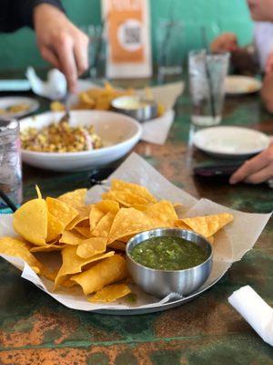 Salsa verde chips and salsa.