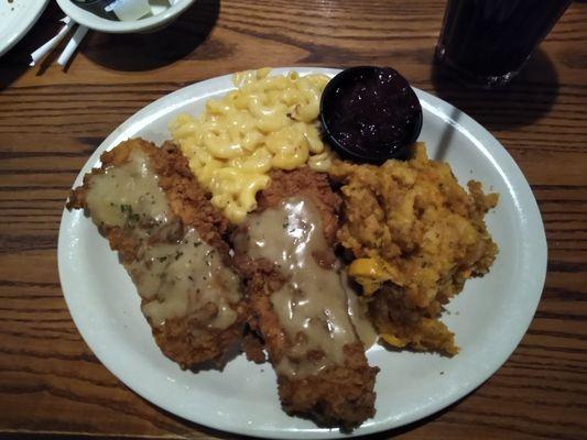 Country fried turkey, Mac and cheese, cranberry sauce and squash casserole.