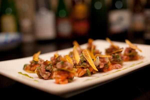 salmon and tuna tartare | shaved+dried fruit