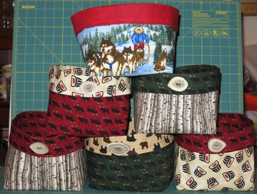 Fabric boxes I made using fabric and antler buttons purchased from the Quilted Raven