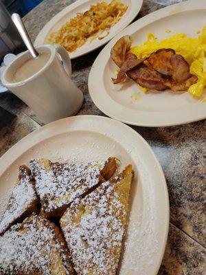 French Toast with eggs. Added side of Bacon and side of hash browns well done.