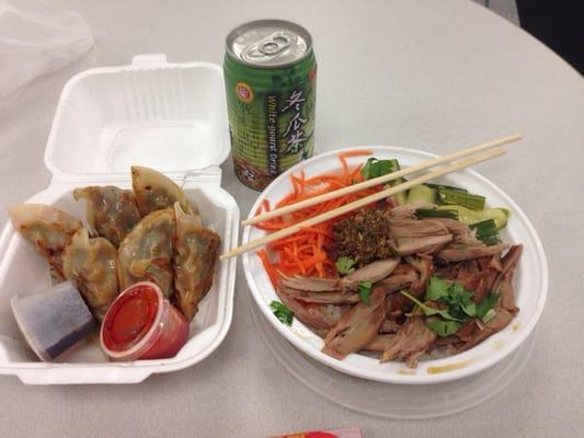 Pork & Chive Dumpling, Braised Duck over Rice and White-Gourd Drink.