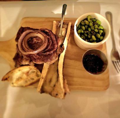 Cowboy Ribeye,  bone marrow, chili/lime edamame and bacon jam