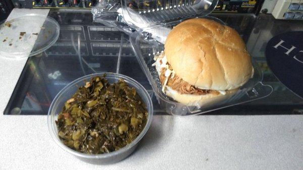 Collard greens and Carolina pork sandwich