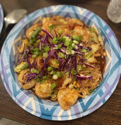 Pad Thai with shrimp and extra sauce.