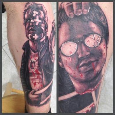 My leg piece done by Mike Nemo. Marv and Kevin from the movie Sin City