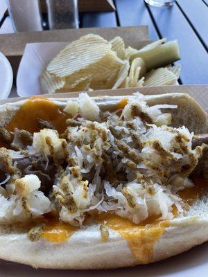 Bratwurst with apple sauerkraut, house beer mustard and cheese