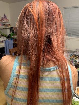 My sister asked for a pink balayage and this is what she got. It's orange hair with strands of pink + brown.