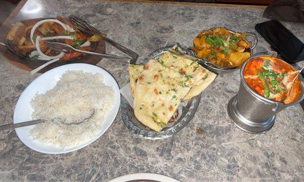 Left: Lamb Seekh Kebab Middle: Aloo Gobi Right: Chicken Tikka masala