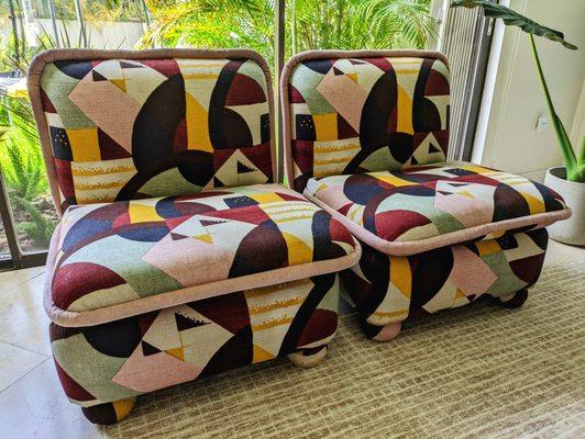 Gorgeous set of 1980 chairs with XL piping reupholstered with top designer fabric.