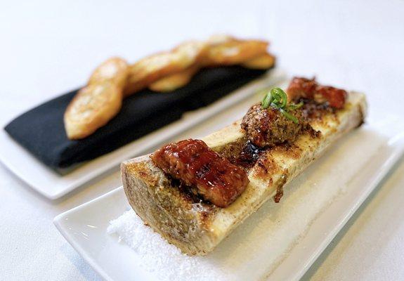 Roasted Bone Marrow w/ basil breadcrumbs, shiitake mushroom duxelle, unagi | $25