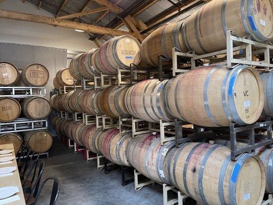 Wine barrels located right inside their wine tasting room at Brooks Note Winery in Petaluma.