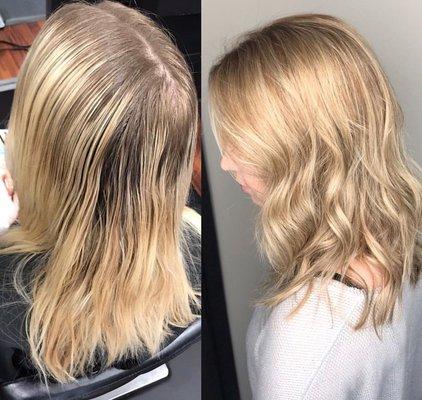 Before and After shot of Blonde Balayage & Babylights by Julie