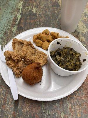 Fried catfish, turnips, okra and hush puppies.