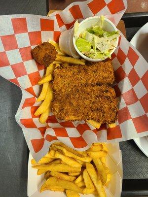 Cod Bsdket w fries, Cole slaw and a hush puppy