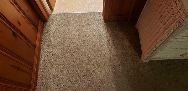 Gross sticky carpet entering bathroom