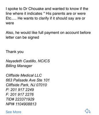 Letter requesting payment of $1100 to confirm my 80 year old father was a patient a decade ago!