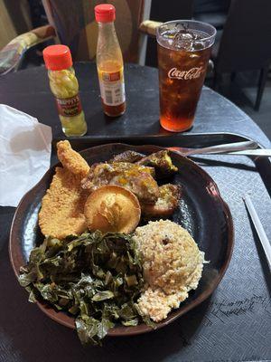 Fried Catfish, Ribs, Collards, Dressing, & Cornbread