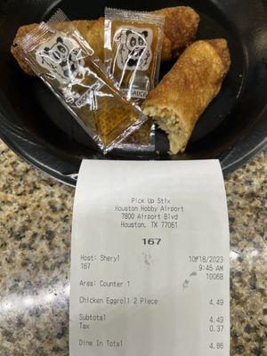 2 chicken eggrolls for $4.49 10-18-23