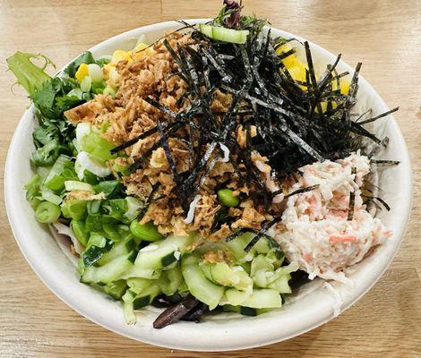 Medium Poke Bowl with Salad;3 proteins Salmon/scallops/octopus; sides except avocado (+$1); side spicy mayo sauce at $15.99 as of 9/12/24.