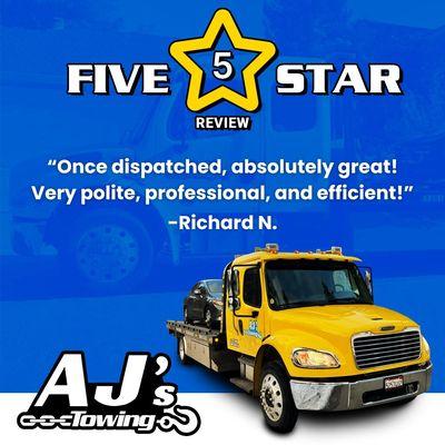 Discover why our customers rave about us! Check out this five-star review and see why we're the top choice for towing.