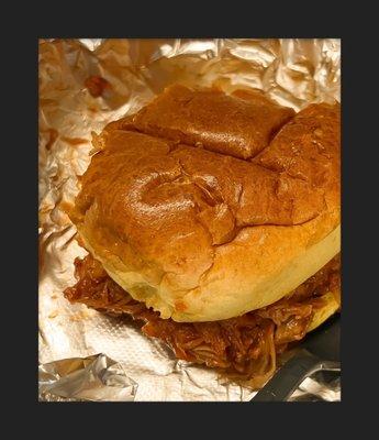 slow roasted pulled pork on brioche roll. Your choice of sauce North Carolina, traditional red sauce or Pig Pickin