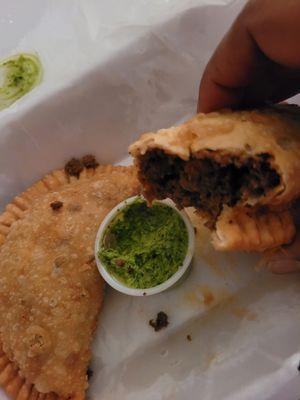 Beef empanada. Nice amount of filling but way too salty.