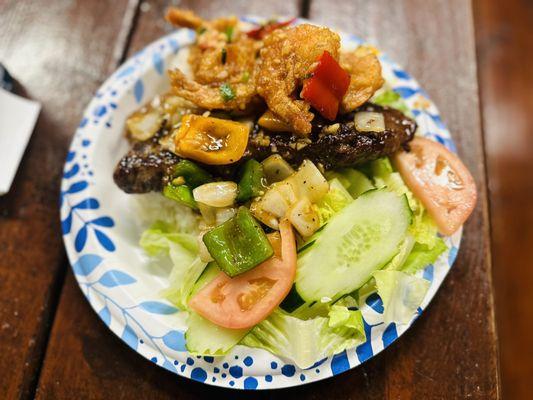 New York grilled steak with garlic butter shrimp