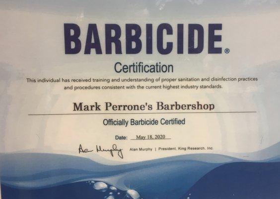 Mark Perrone's Barbershop is Barbicide Certified..