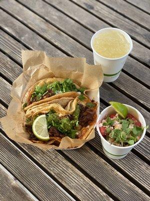 Carnitas tacos vampiro style, Watermelon Salad, and Daiquiri