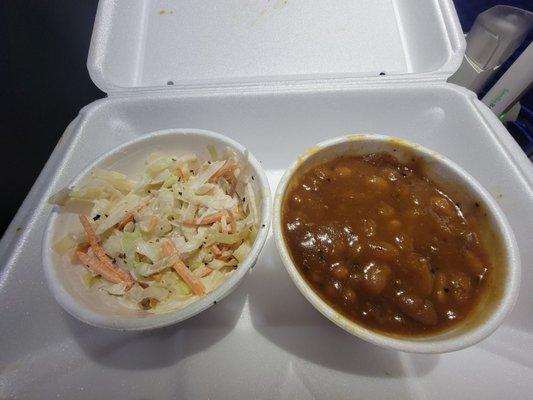 2 side's  coleslaw and baked beans.