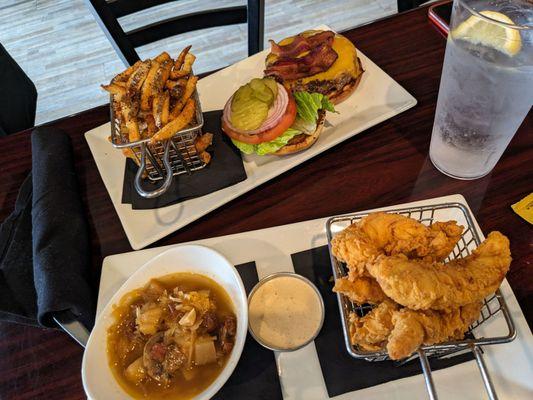 4118 Burger and fries, chicken tenders and cabbage, pastor, and chorizo soup.