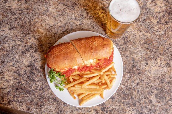 Meatball Sandwich with an ice cold draft beer!