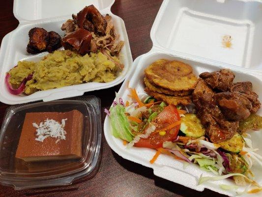 Maduros, mofongo, pernil  Tostones, rib stew, salad Flan