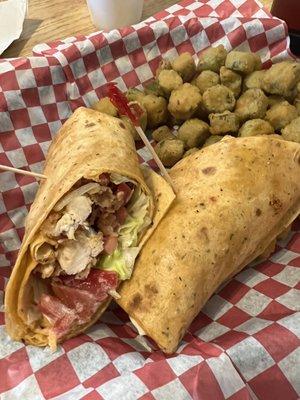 Crispy chicken BLT wrap with a small side of okra