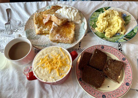 French Toast with a side of scrapple, 2 eggs, and side of cheese grits (enough for 3 people as a side lol)