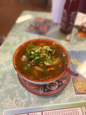 V16 Bun Bo Soup with beef & extra vegetables. Spicy.