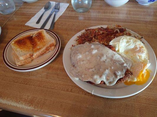 Country Fried Steak with hashbrows and toast