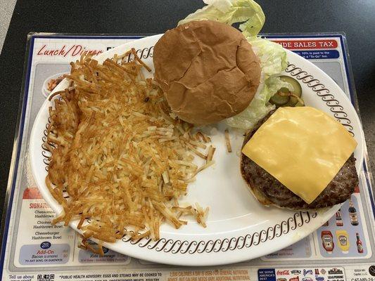 Angus Cheeseburger (1/4 Lb.) with Hashbrowns Scattered