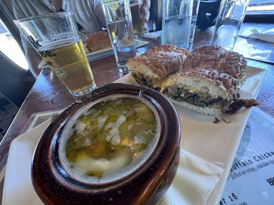 1/2 cheesesteak - totollini chicken soup.  Only $12 for the combo