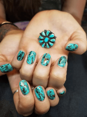 Turquoise and gold foil on natural nails