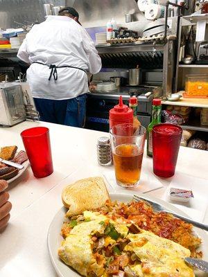 Chef prepared an incredible breakfast. He cooked for us, joked with us, and served us breakfast.