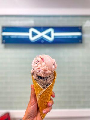 Raspberry sour cream and Oreo double scoop