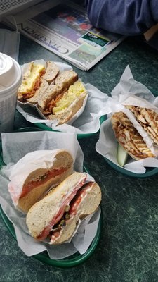 Lox on sesame bagel, Bqq Chicken Panini and Bacon Egg on a honey wheat bagel!