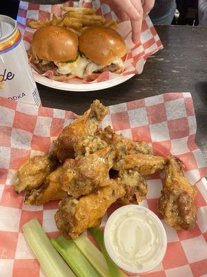 garlic parm wings and sliders