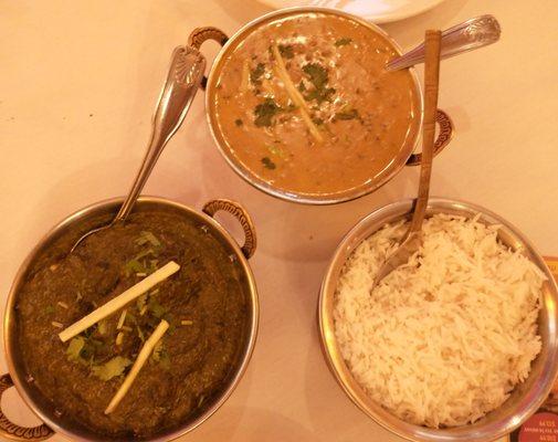 Dal Makhani (traditional black lentils tempered with delicate spices and garnished with cream) - Lamb Saag - Basmati rice