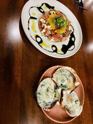 Caprese Salad and Scallop Rockefeller